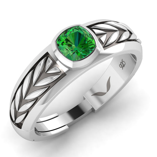 Men's sterling silver ring with a cushion shape green CZ gemstone, men's rings in silver, silver 925 rings.