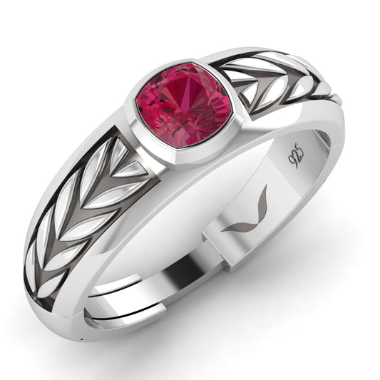 Men's sterling silver ring with a Cushion shape Red CZ gemstone, men's rings in silver, silver 925 rings.
