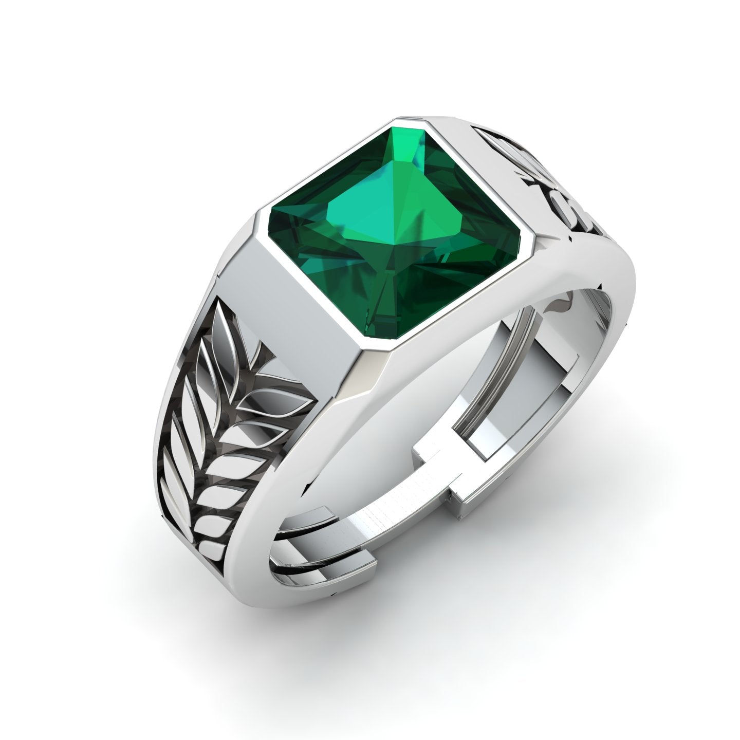 Men's sterling silver ring with a square shape green CZ gemstone, men's rings in silver, silver 925 rings.