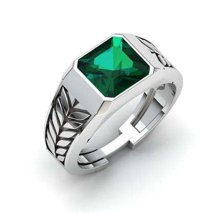 Men's sterling silver ring with a square shape green CZ gemstone, men's rings in silver, silver 925 rings.