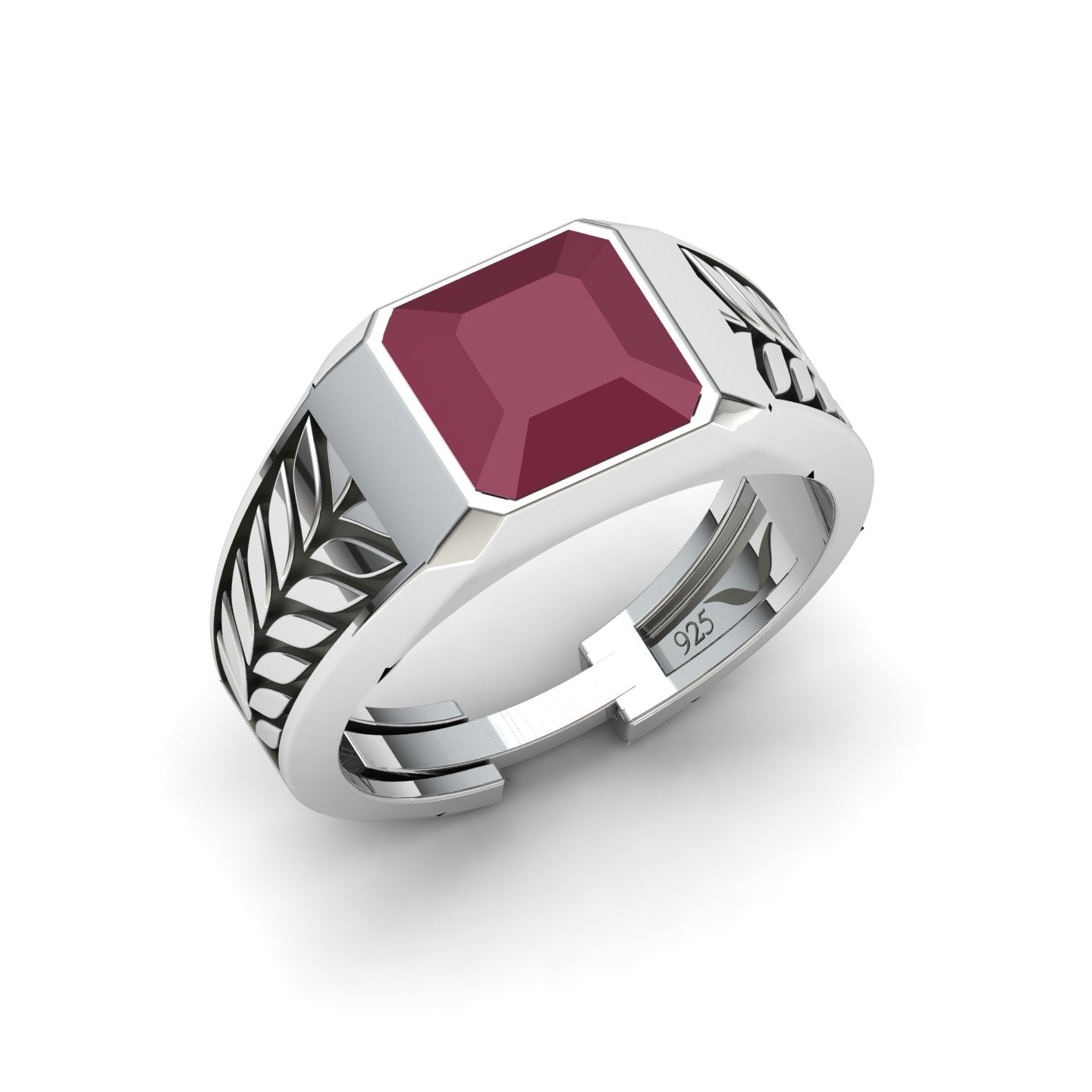 Men's 925 sterling silver ring with flat octagon-cut red cubic zirconia