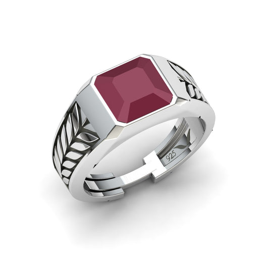 Men's 925 sterling silver ring with flat octagon-cut red cubic zirconia