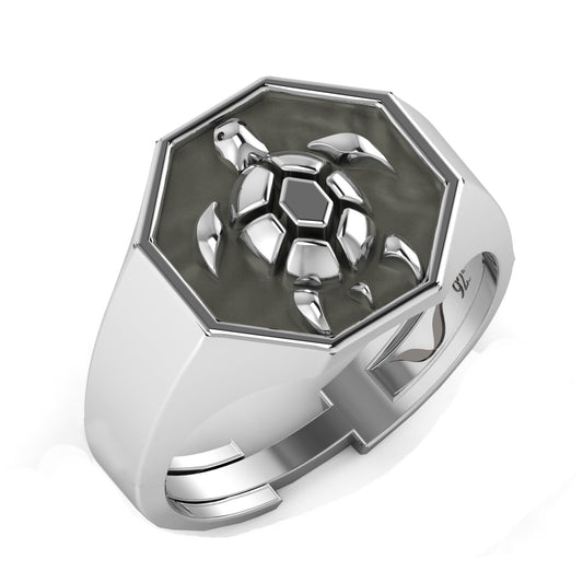 Men's 925 Sterling Silver Tortoise Signet Ring with adjustable size